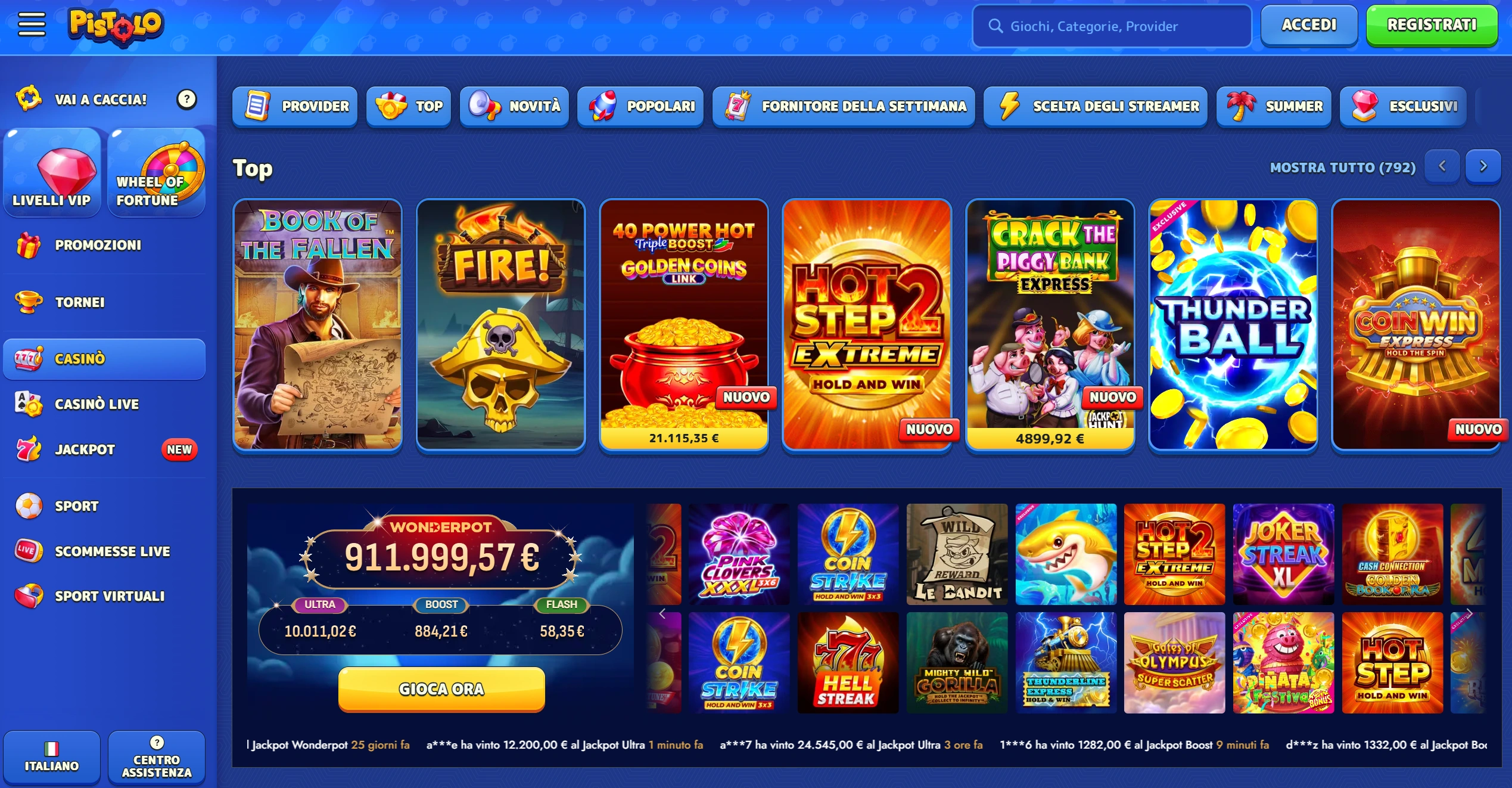 Catalogo dei giochi e studi presenti nel casino Pistolo
